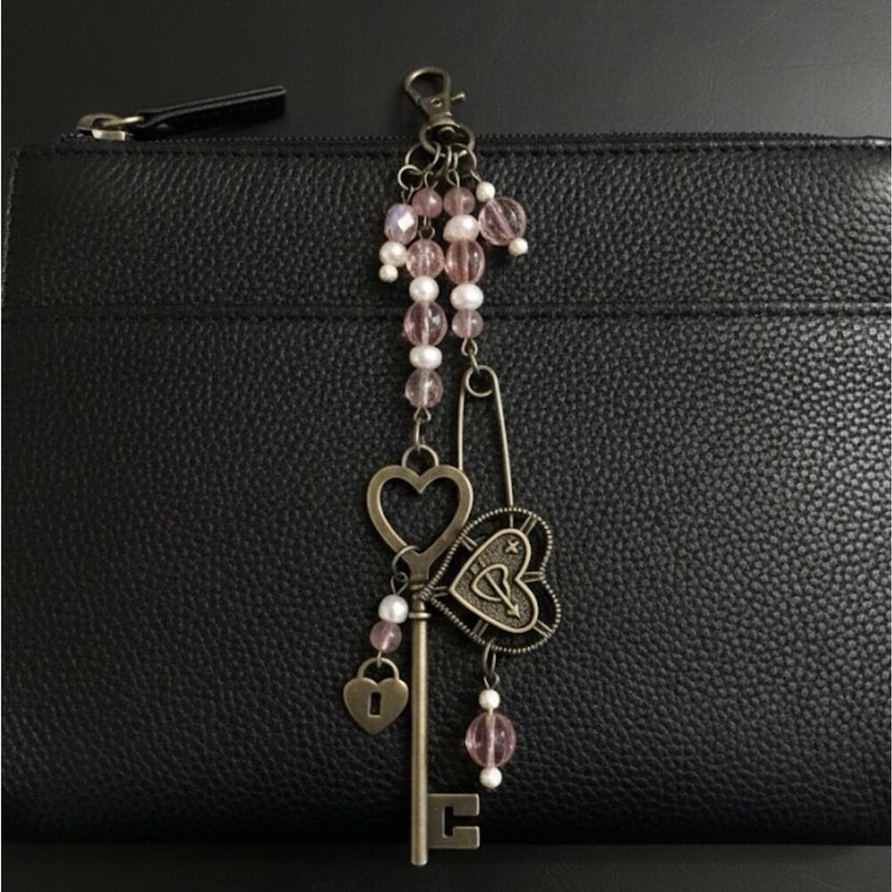 Handmade Pink Beaded Bag Charm,Bronze Heart accents, Coquette, Vintage Romantic